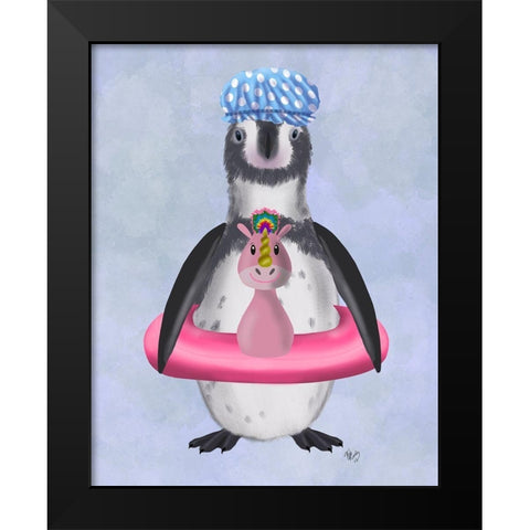 Penguin Unicorn Rubber Ring Black Modern Wood Framed Art Print by Fab Funky