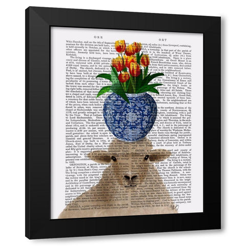 Sheep and Tulips Book Print Black Modern Wood Framed Art Print with Double Matting by Fab Funky