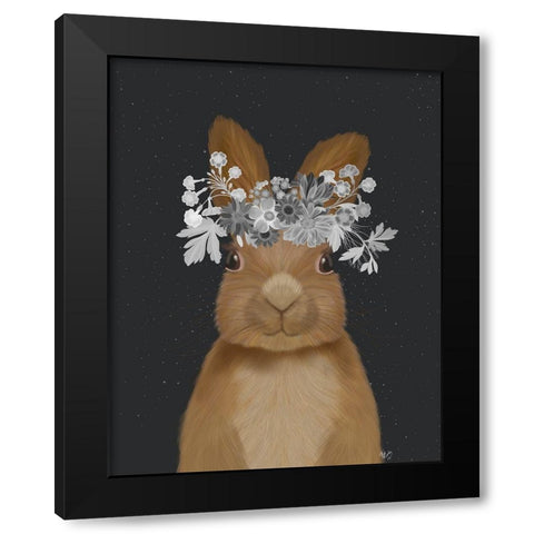 Rabbit, White Flowers Black Modern Wood Framed Art Print by Fab Funky