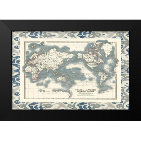 Bordered Chart of the World Black Modern Wood Framed Art Print by Johnston