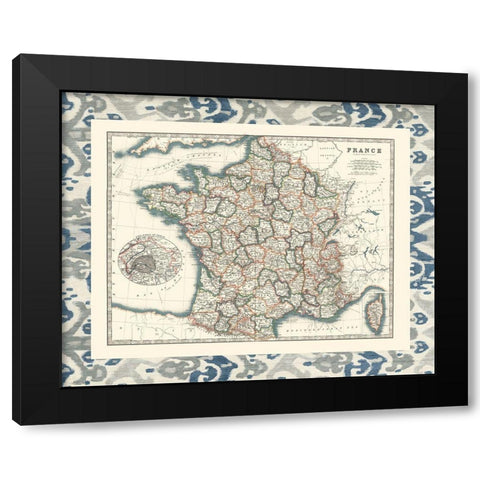 Bordered Map of France Black Modern Wood Framed Art Print with Double Matting by Johnston