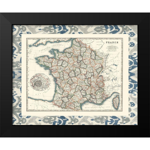 Bordered Map of France Black Modern Wood Framed Art Print by Johnston
