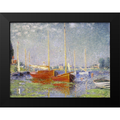 Red Boats at Argenteuil Black Modern Wood Framed Art Print by Monet, Claude