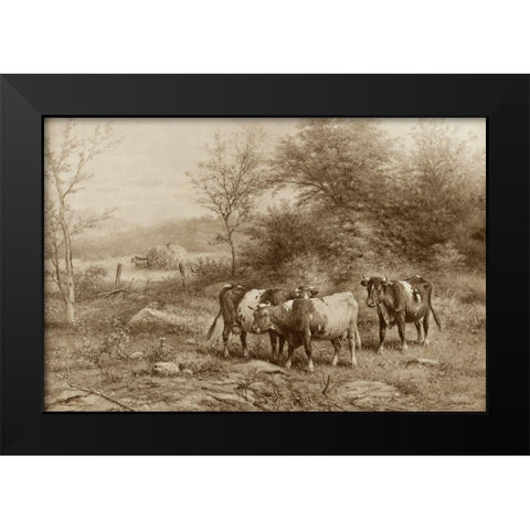 Grazing Cattle Black Modern Wood Framed Art Print by Riecke, George