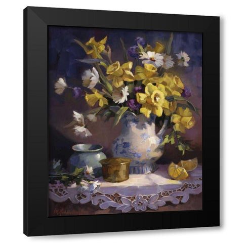 Daffodils and Lace Black Modern Wood Framed Art Print with Double Matting by Johnston, Maxine