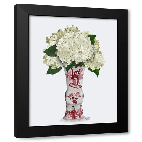Chinoiserie Hydrangea White-Red Vase Black Modern Wood Framed Art Print with Double Matting by Fab Funky