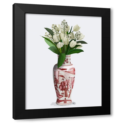 Chinoiserie Tulips White, Hyacinth White, Red Vase Black Modern Wood Framed Art Print by Fab Funky