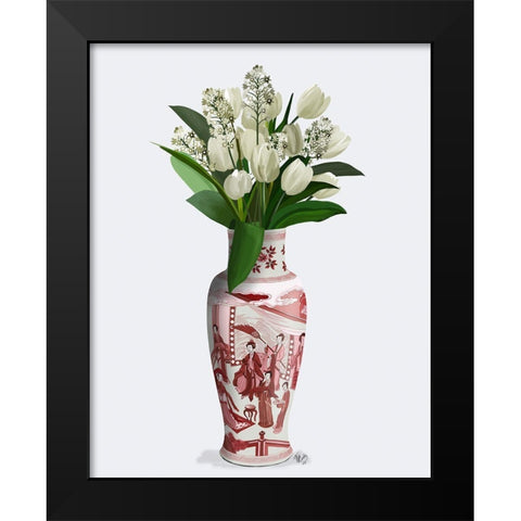 Chinoiserie Tulips White, Hyacinth White, Red Vase Black Modern Wood Framed Art Print by Fab Funky
