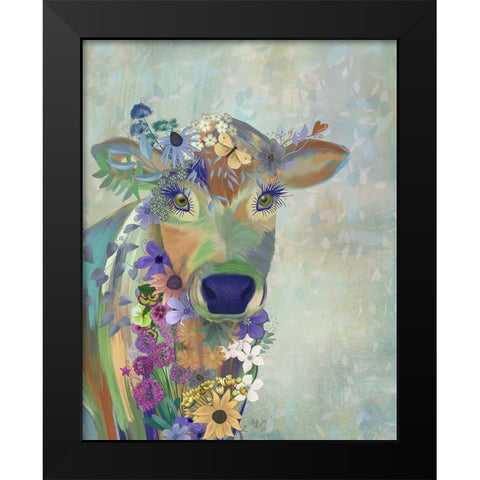 Fantastic Florals Cow Black Modern Wood Framed Art Print by Fab Funky
