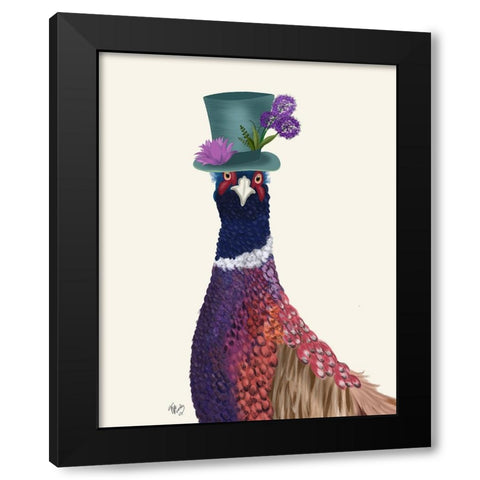 Pheasant in Blue Hat Black Modern Wood Framed Art Print with Double Matting by Fab Funky