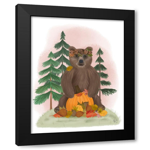 Autumn Bear and Pumpkin Black Modern Wood Framed Art Print by Fab Funky