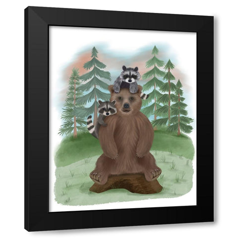 Bear and Raccoon Friends Black Modern Wood Framed Art Print by Fab Funky
