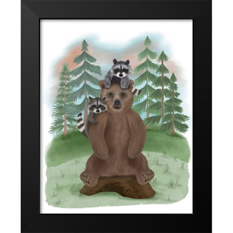 Bear and Raccoon Friends Black Modern Wood Framed Art Print by Fab Funky