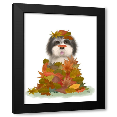 Landed in Autumn-Black and White Dog Black Modern Wood Framed Art Print by Fab Funky