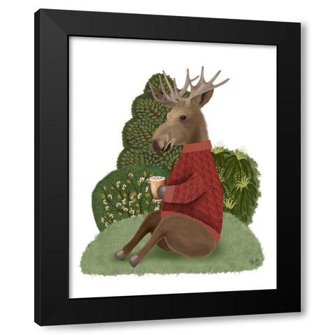 Latte Moose in Sweater Black Modern Wood Framed Art Print by Fab Funky