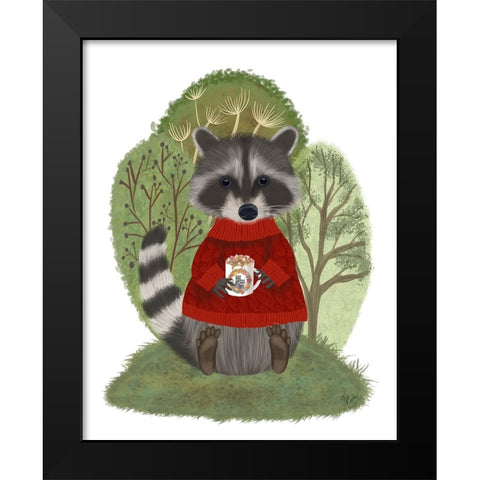 Hot Chocolate Raccoon Black Modern Wood Framed Art Print by Fab Funky