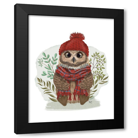 Owl in Tartan Scarf Black Modern Wood Framed Art Print by Fab Funky