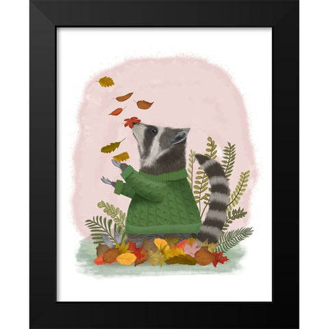 Raccoon Catching Leaves Black Modern Wood Framed Art Print by Fab Funky