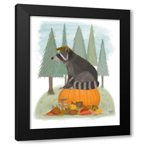 Raccoon On Pumpkin Black Modern Wood Framed Art Print by Fab Funky