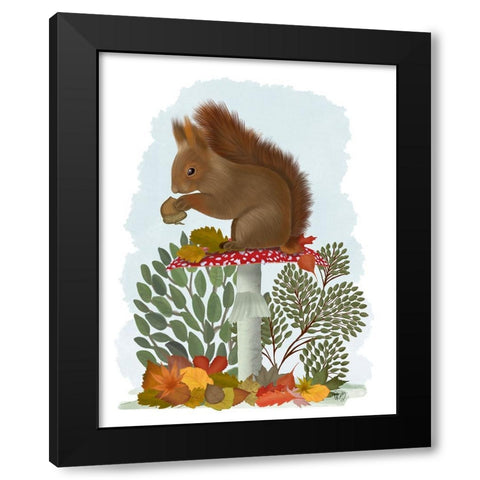 Red Squirrel On Mushroom Black Modern Wood Framed Art Print by Fab Funky