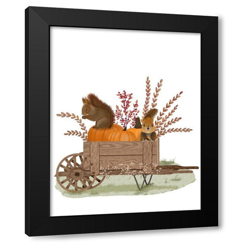 Squirrels In Pumpkin Wheelbarrow Black Modern Wood Framed Art Print with Double Matting by Fab Funky