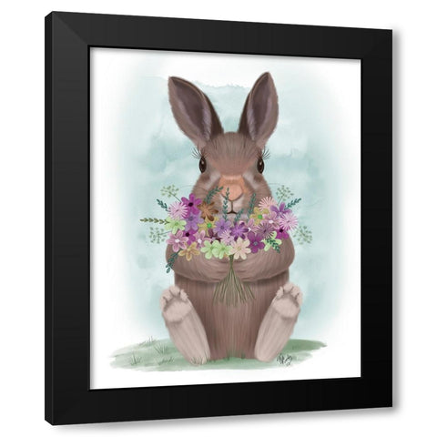 Bunny Bouquet Hug Black Modern Wood Framed Art Print by Fab Funky