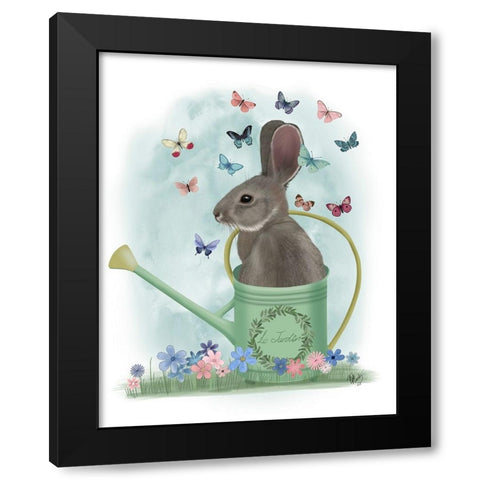 Bunny Watering Can and Butterflies Black Modern Wood Framed Art Print by Fab Funky