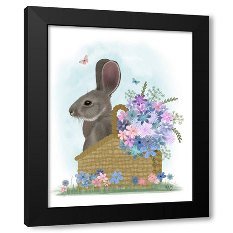 Bunny In Basket with Flowers Black Modern Wood Framed Art Print with Double Matting by Fab Funky