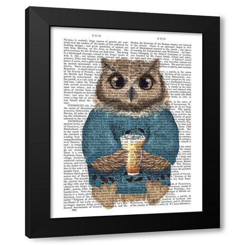 Latte Owl in Sweater Black Modern Wood Framed Art Print by Fab Funky