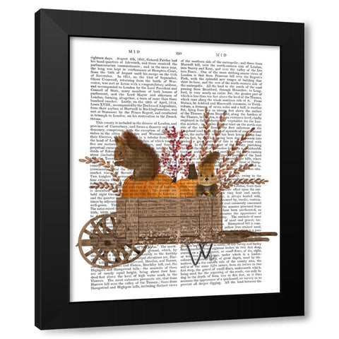 Squirrels In Pumpkin Wheelbarrow Black Modern Wood Framed Art Print with Double Matting by Fab Funky