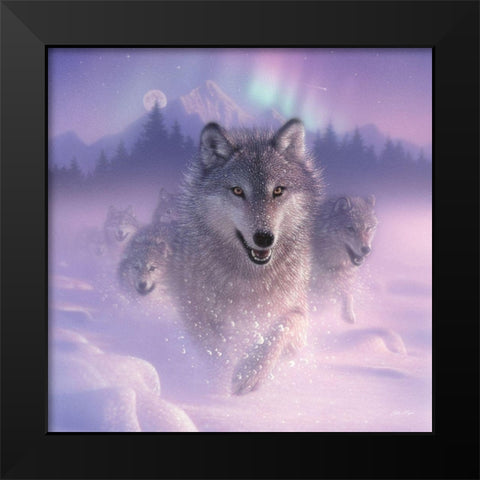 Running Wolves - Northern Lights - Square Black Modern Wood Framed Art Print by Bogle, Collin