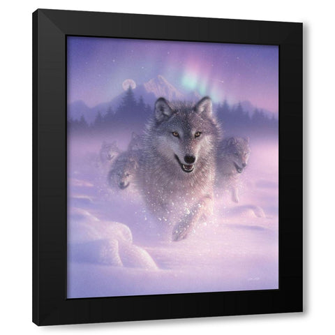 Running Wolves - Northern Lights Black Modern Wood Framed Art Print with Double Matting by Bogle, Collin