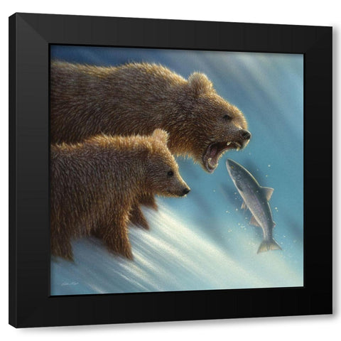 Brown Bears - Fishing Lesson Black Modern Wood Framed Art Print by Bogle, Collin