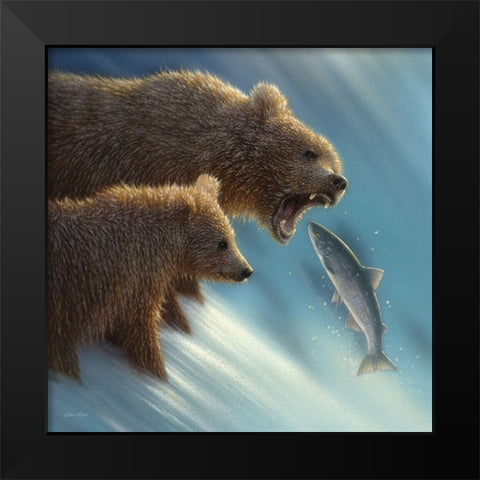 Brown Bears - Fishing Lesson Black Modern Wood Framed Art Print by Bogle, Collin