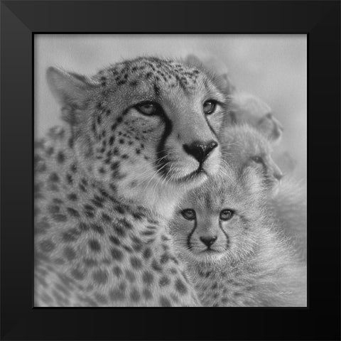 Cheetah Mother and Cubs - Mothers Love - Square - BandW Black Modern Wood Framed Art Print by Bogle, Collin