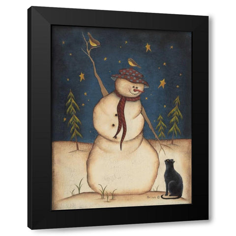 Snowman with Black Cat Black Modern Wood Framed Art Print by Lewis, Kim