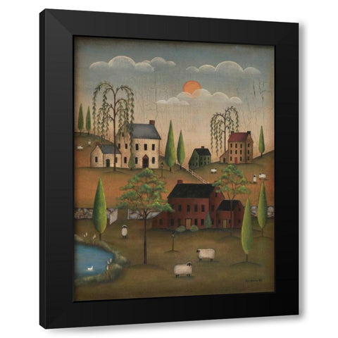 Village with Sheep Black Modern Wood Framed Art Print by Lewis, Kim