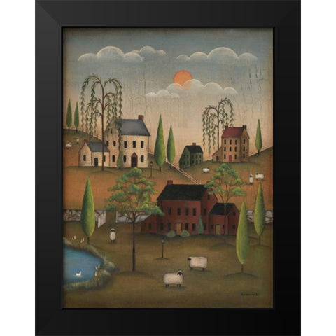 Village with Sheep Black Modern Wood Framed Art Print by Lewis, Kim