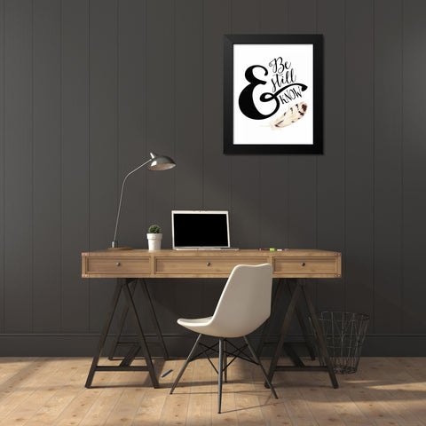 Be Still and Know Feather Black Modern Wood Framed Art Print by Moss, Tara