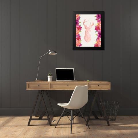 Floral Deer Head Black Modern Wood Framed Art Print by Moss, Tara