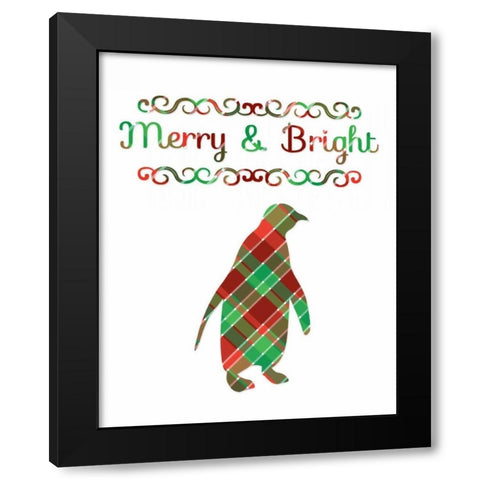 Plaid Penguin Merry and Bright Black Modern Wood Framed Art Print by Moss, Tara