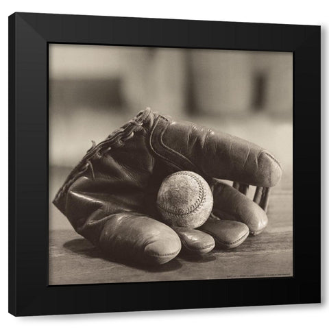 Ball in Mitt Black Modern Wood Framed Art Print with Double Matting by Yellow Cafe