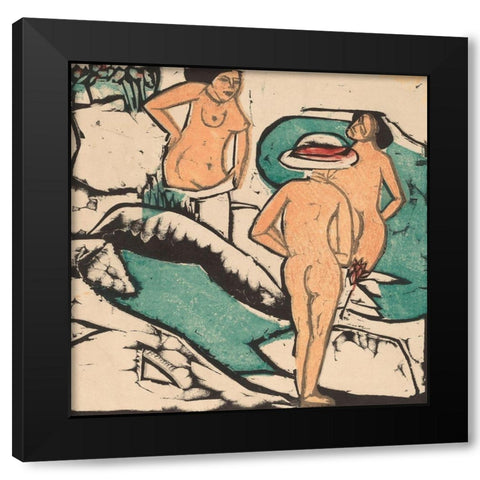 Women Bathing between White Stones Black Modern Wood Framed Art Print by Kirchner, Ernst Ludwig