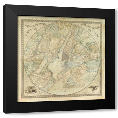 Twelve Miles around NY Map, 1849 Black Modern Wood Framed Art Print by Anonymous