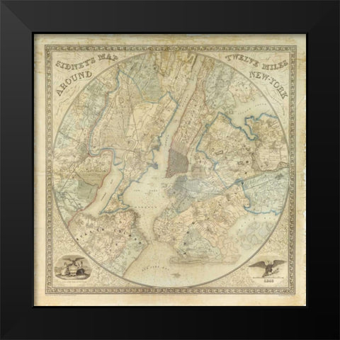Twelve Miles around NY Map, 1849 Black Modern Wood Framed Art Print by Anonymous