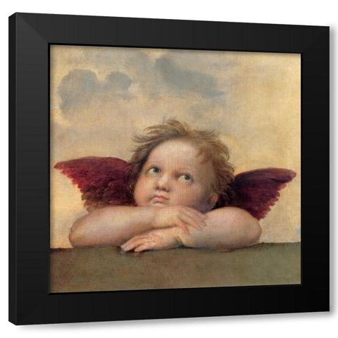 Angelo II - Madonna Sistina Black Modern Wood Framed Art Print with Double Matting by Raffaello