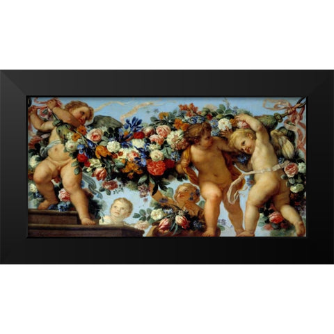 Amours et guirlandes de fleurs I Black Modern Wood Framed Art Print by Maratta, Carlo