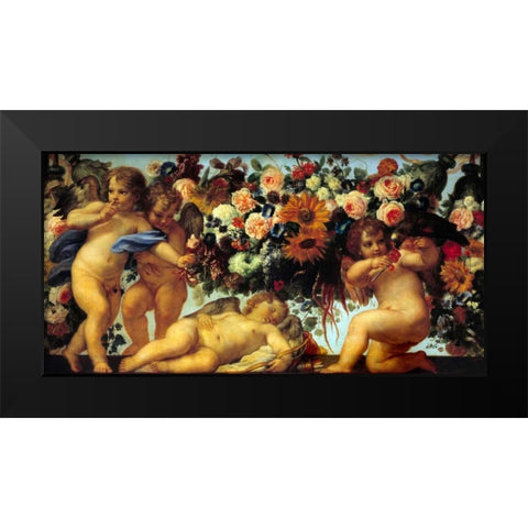 Amours et guirlandes de fleurs II Black Modern Wood Framed Art Print by Maratta, Carlo