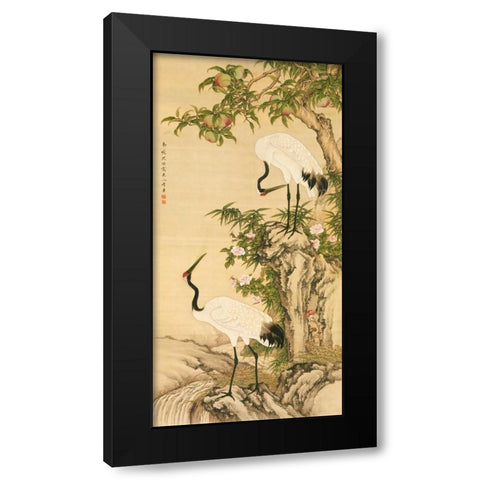 Cranes, Peach Tree, and Chinese Roses  Black Modern Wood Framed Art Print with Double Matting by Anonymous
