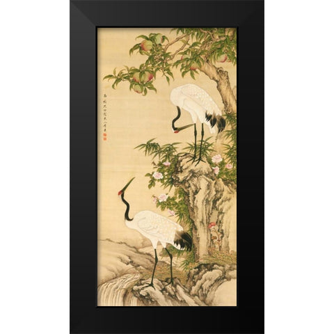 Cranes, Peach Tree, and Chinese Roses  Black Modern Wood Framed Art Print by Anonymous